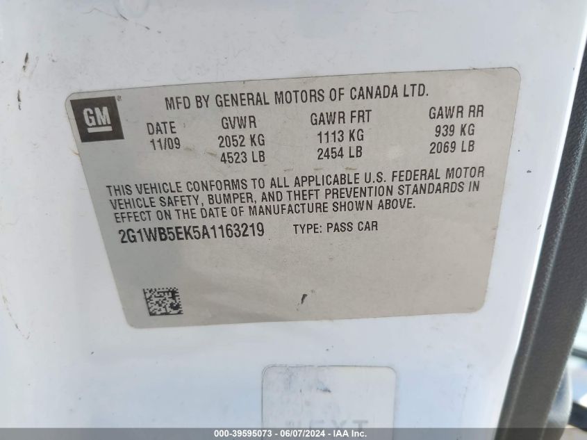 2010 Chevrolet Impala Lt VIN: 2G1WB5EK5A1163219 Lot: 39595073