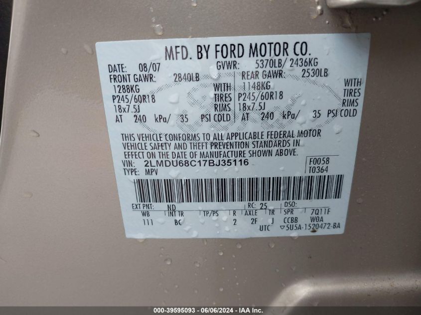 2007 Lincoln Mkx VIN: 2LMDU68C17BJ35116 Lot: 39595093