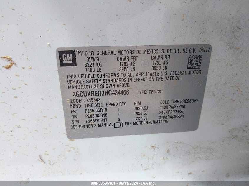 2017 Chevrolet Silverado 1500 2Lt VIN: 3GCUKREH3HG434466 Lot: 39595101