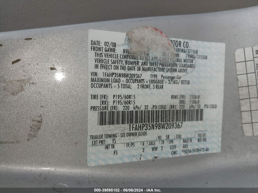 2008 Ford Focus Se/Ses VIN: 1FAHP35N98W209367 Lot: 39595102