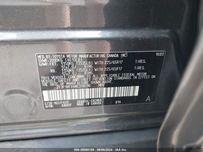 2022 Toyota Rav4 Xle/Xle Premium VIN: 2T3P1RFV4NC318596 Lot: 39595109