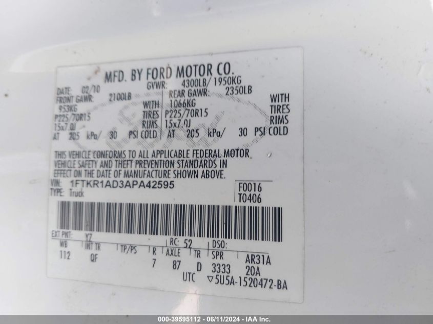 2010 Ford Ranger Xl/Xlt VIN: 1FTKR1AD3APA42595 Lot: 39595112