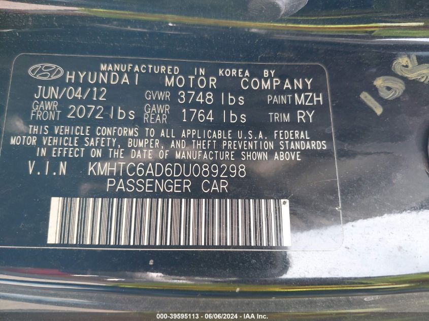 2013 Hyundai Veloster Base W/Gray VIN: KMHTC6AD6DU089298 Lot: 39595113