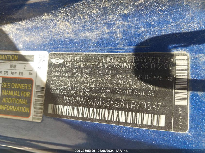 2008 Mini Cooper S Clubman VIN: WMWMM33568TP70337 Lot: 39595129