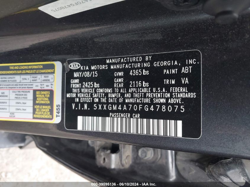 2015 Kia Optima Lx VIN: 5XXGM4A70FG478075 Lot: 39595136