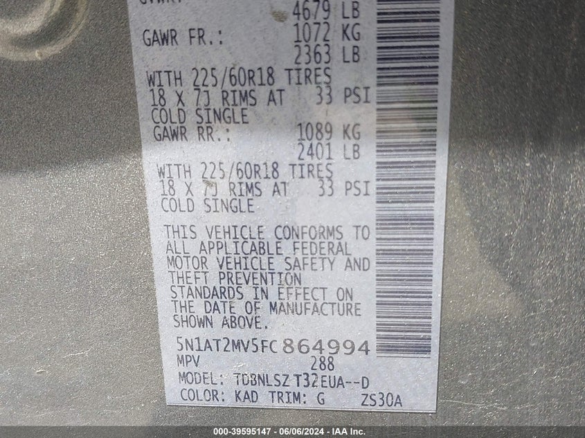 2015 Nissan Rogue Sl VIN: 5N1AT2MV5FC864994 Lot: 39595147