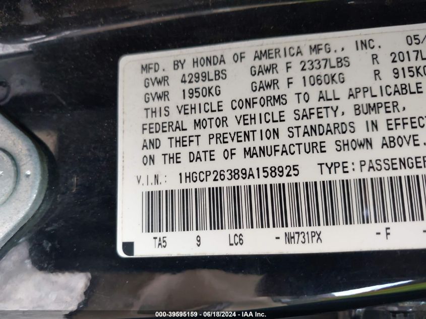 2009 Honda Accord 2.4 Lx VIN: 1HGCP26389A158925 Lot: 39595159