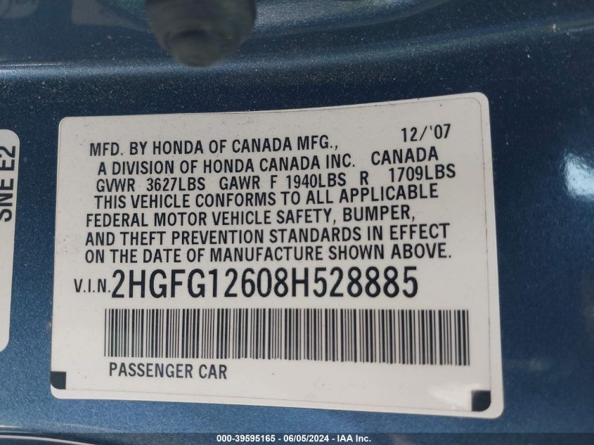 2008 Honda Civic Lx VIN: 2HGFG12608H528885 Lot: 39595165