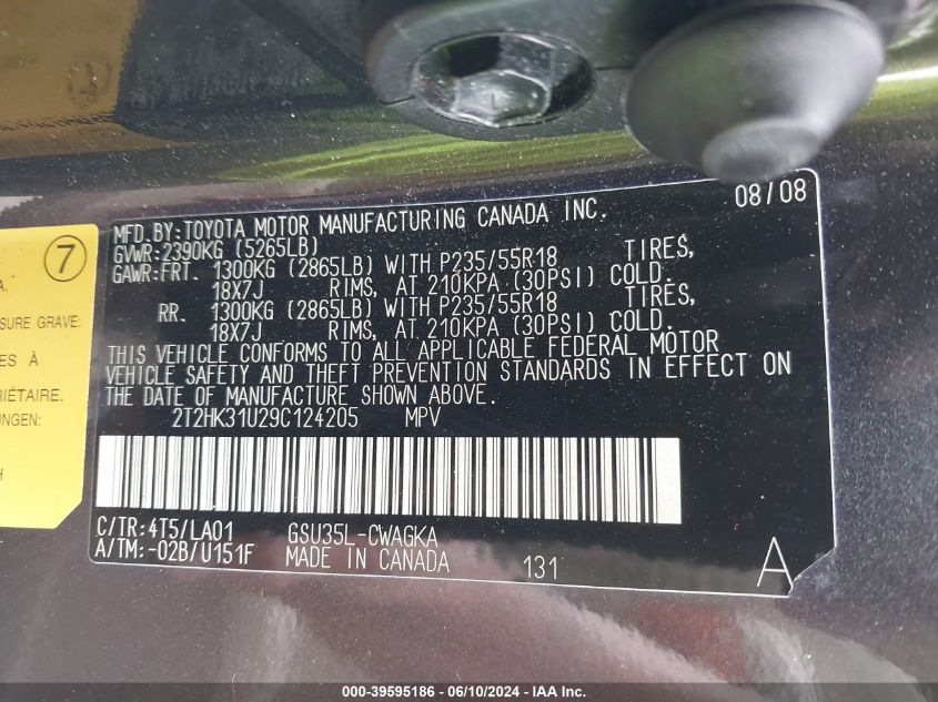 2009 Lexus Rx 350 VIN: 2T2HK31U29C124205 Lot: 39595186