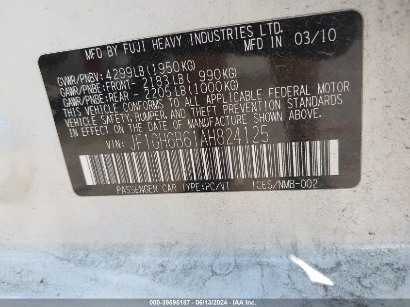2010 Subaru Impreza 2.5I Premium VIN: JF1GH6B61AH824125 Lot: 39595187
