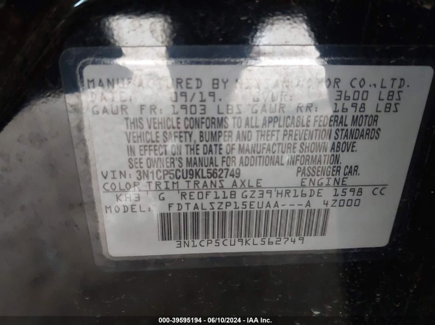 2019 Nissan Kicks Sv VIN: 3N1CP5CU9KL562749 Lot: 39595194