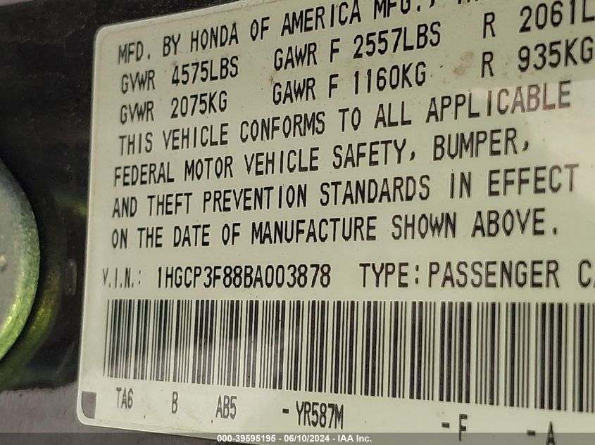 2011 Honda Accord 3.5 Ex-L VIN: 1HGCP3F88BA003878 Lot: 39595195