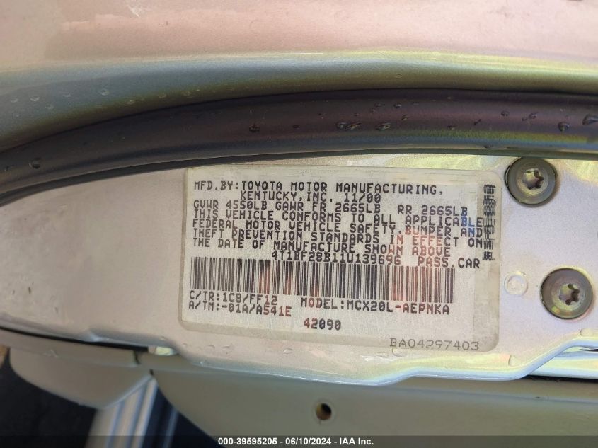 2001 Toyota Avalon Xl VIN: 4T1BF28B11U139696 Lot: 39595205