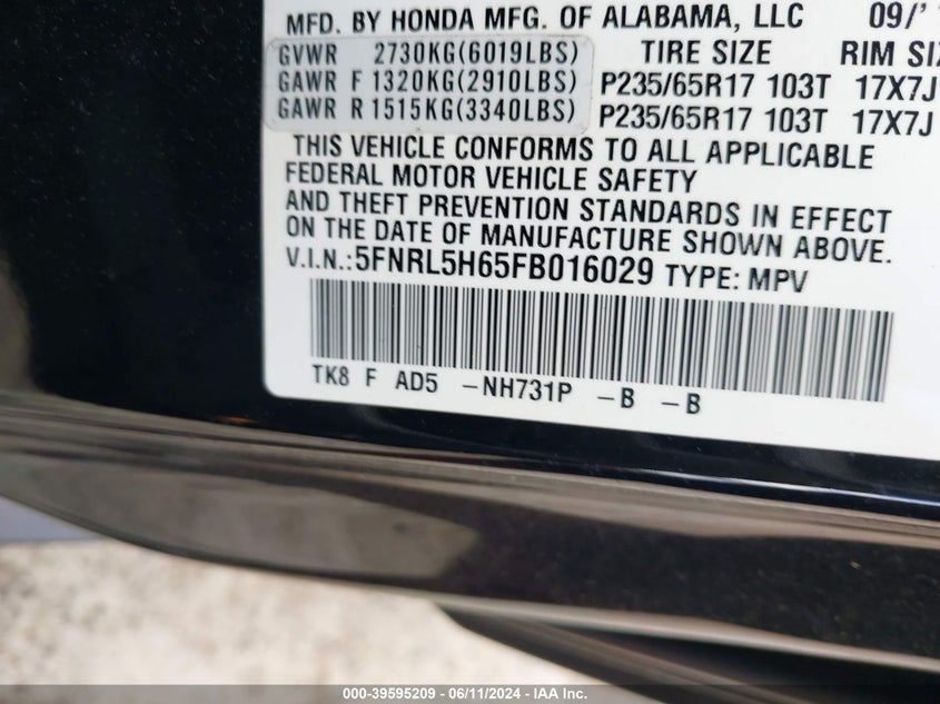 2015 Honda Odyssey Ex-L VIN: 5FNRL5H65FB016029 Lot: 39595209