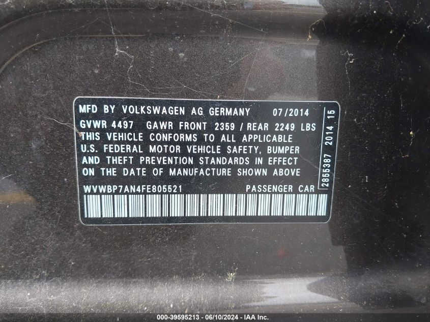 2015 Volkswagen Cc 2.0T Sport VIN: WVWBP7AN4FE805521 Lot: 39595213