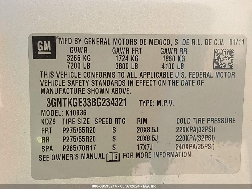 2011 Chevrolet Avalanche 1500 Ltz VIN: 3GNTKGE33BG234321 Lot: 39595214
