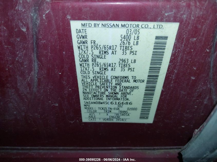 2005 Nissan Xterra Off Road/S/Se VIN: 5N1AN08W45C616686 Lot: 39595226