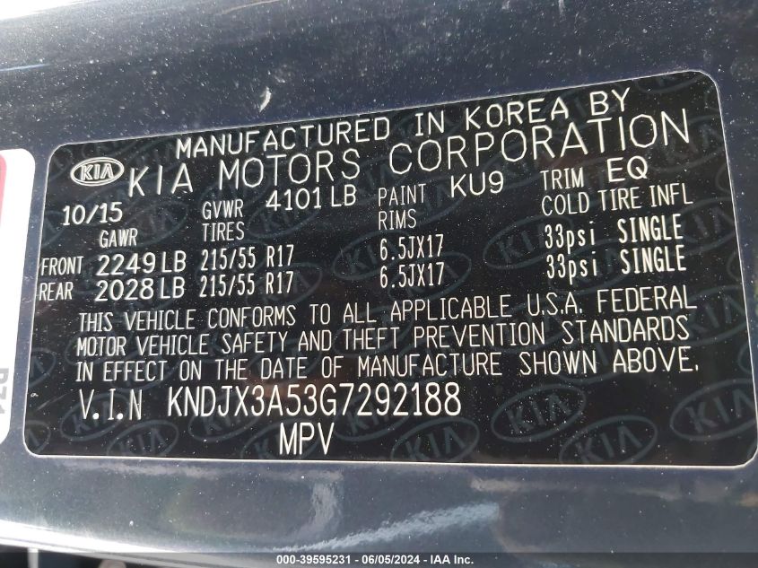 2016 Kia Soul ! VIN: KNDJX3A53G7292188 Lot: 39595231
