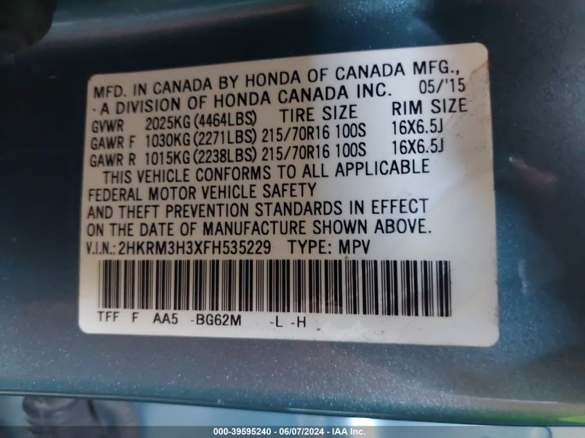 2015 Honda Cr-V Lx VIN: 2HKRM3H3XFH535229 Lot: 39595240