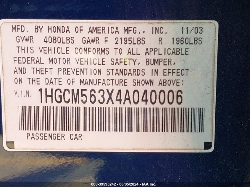 2004 Honda Accord 2.4 Lx VIN: 1HGCM563X4A040006 Lot: 39595242