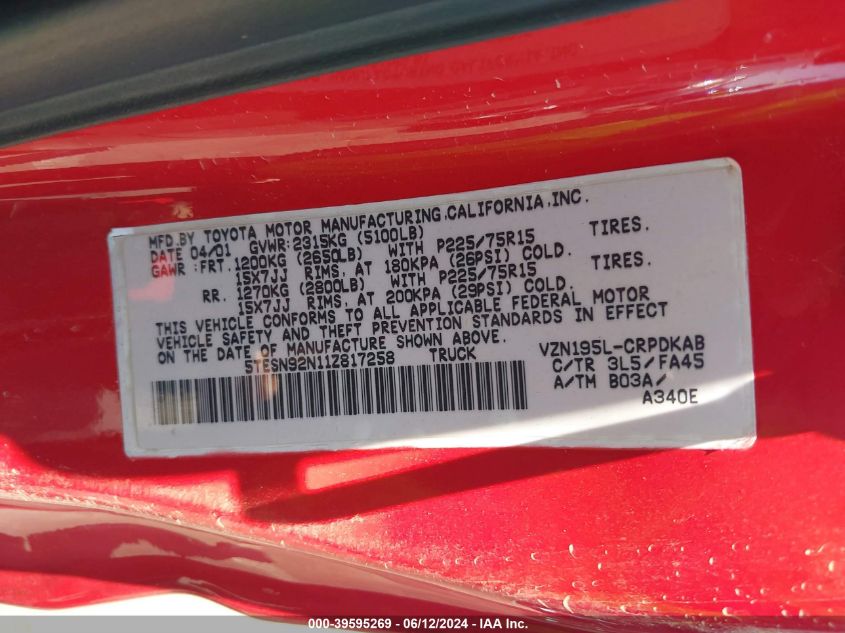 2001 Toyota Tacoma Prerunner V6 VIN: 5TESN92N11Z817258 Lot: 39595269