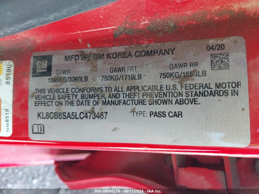 2020 Chevrolet Spark Fwd Ls Automatic VIN: KL8CB6SA5LC473467 Lot: 39595276