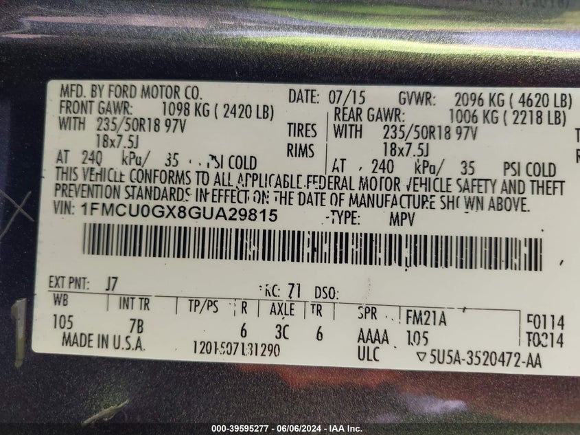 2016 Ford Escape Se VIN: 1FMCU0GX8GUA29815 Lot: 39595277