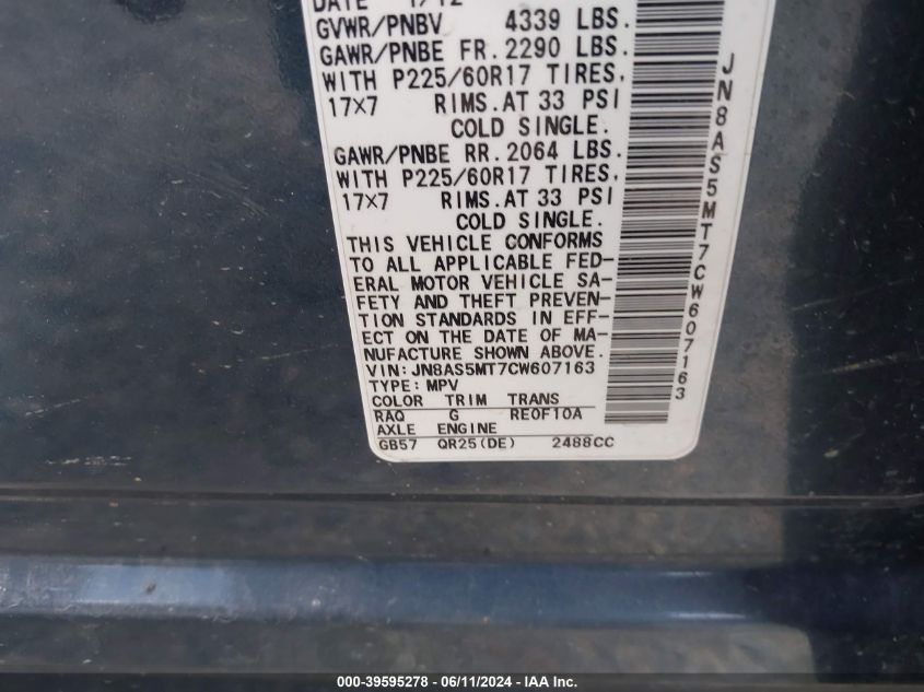 2012 Nissan Rogue Sv VIN: JN8AS5MT7CW607163 Lot: 39595278