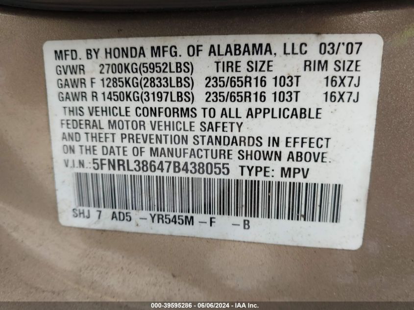 2007 Honda Odyssey Ex-L VIN: 5FNRL38647B438055 Lot: 39595286