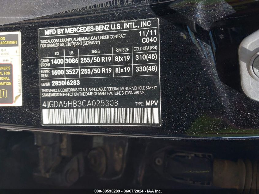 2012 Mercedes-Benz Ml 350 4Matic VIN: 4JGDA5HB3CA025308 Lot: 39595289