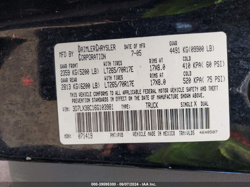 2006 Dodge Ram 3500 Laramie VIN: 3D7LX38C16G103981 Lot: 39595300