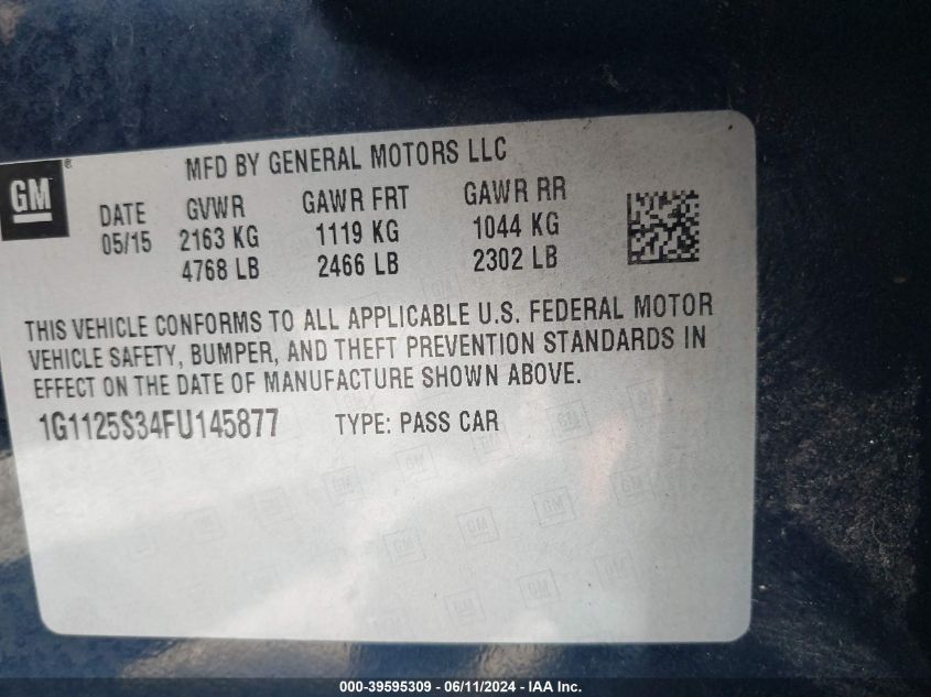 2015 Chevrolet Impala 2Lt VIN: 1G1125S34FU145877 Lot: 39595309