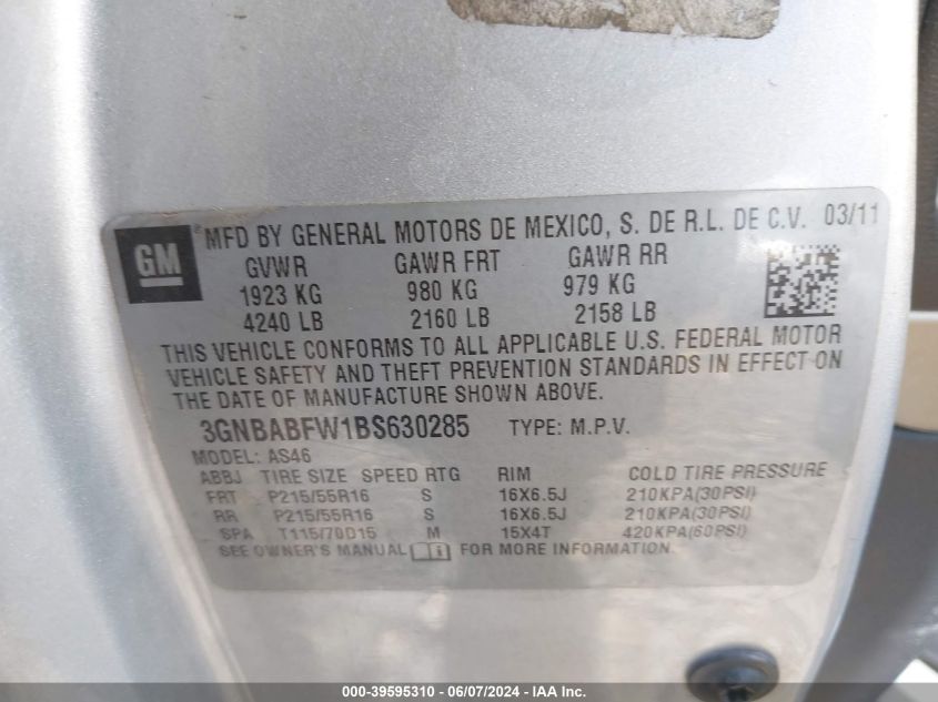 2011 Chevrolet Hhr Lt VIN: 3GNBABFW1BS630285 Lot: 39595310