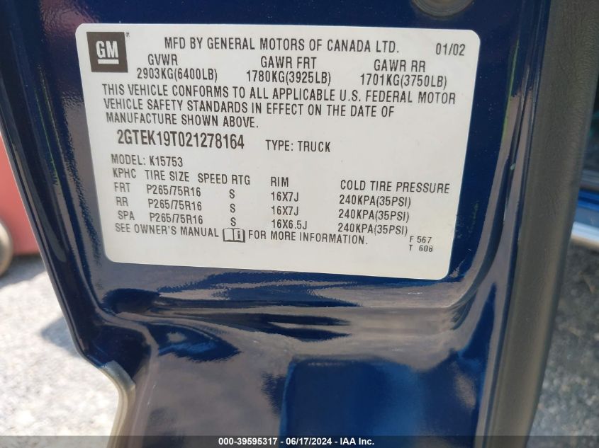 2002 GMC Sierra 1500 Sle VIN: 2GTEK19T021278164 Lot: 39595317