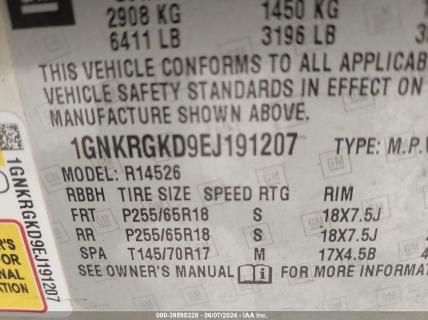 2014 Chevrolet Traverse 1Lt VIN: 1GNKRGKD9EJ191207 Lot: 39595328