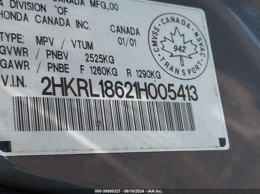 2001 Honda Odyssey Ex VIN: 2HKRL18621H005413 Lot: 39595327