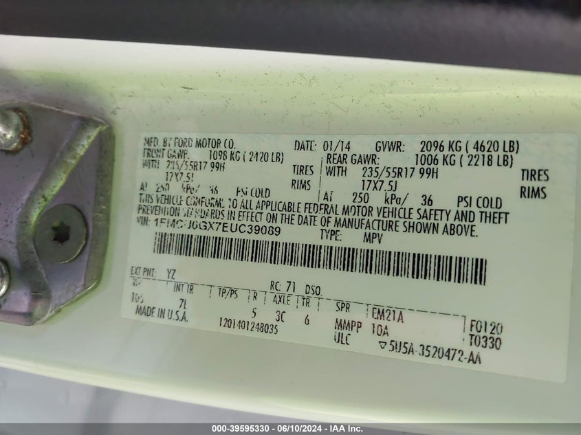 2014 Ford Escape Se VIN: 1FMCU0GX7EUC39089 Lot: 39595330