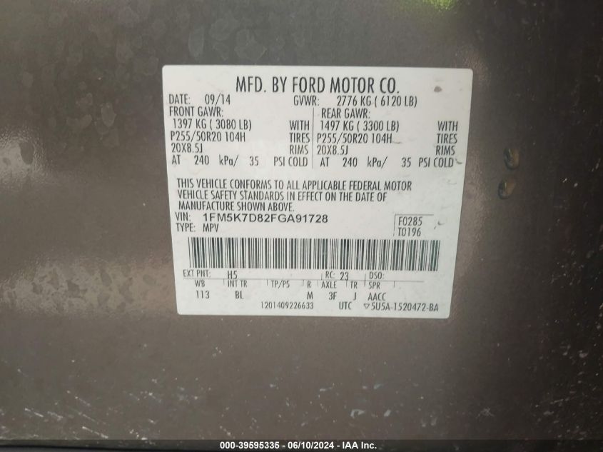 2015 Ford Explorer Xlt VIN: 1FM5K7D82FGA91728 Lot: 39595335