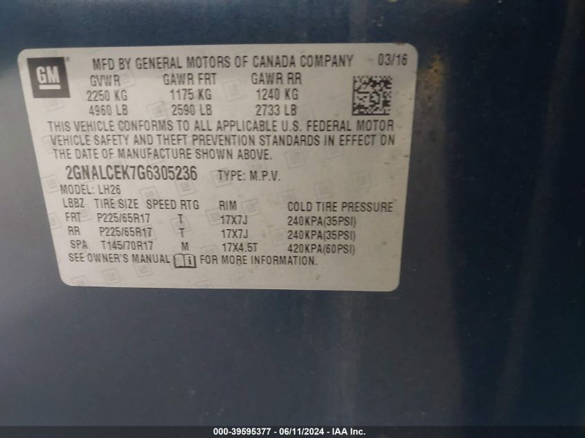 2016 Chevrolet Equinox Lt VIN: 2GNALCEK7G6305236 Lot: 39595377