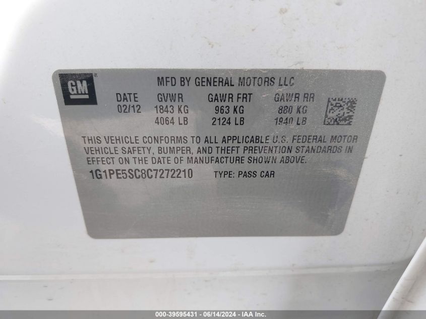 2012 Chevrolet Cruze Lt VIN: 1G1PE5SC8C7272210 Lot: 39595431