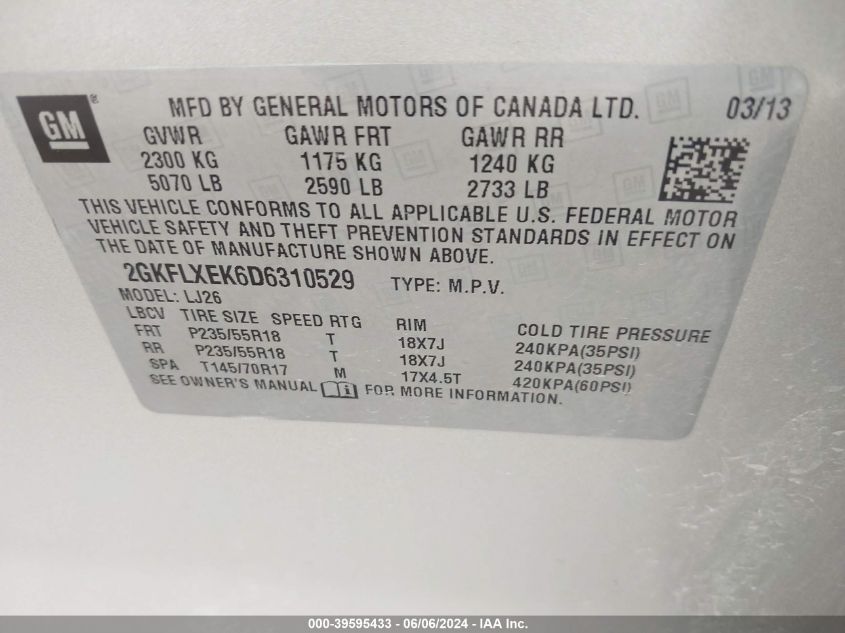 2013 GMC Terrain Slt-2 VIN: 2GKFLXEK6D6310529 Lot: 39595433