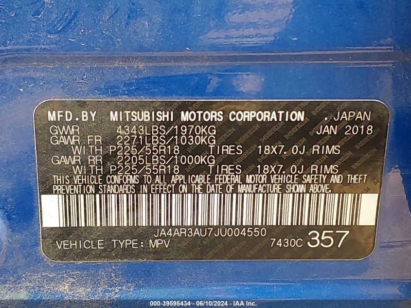 2018 Mitsubishi Outlander Sport 2.0 Le VIN: JA4AR3AU7JU004550 Lot: 39595434