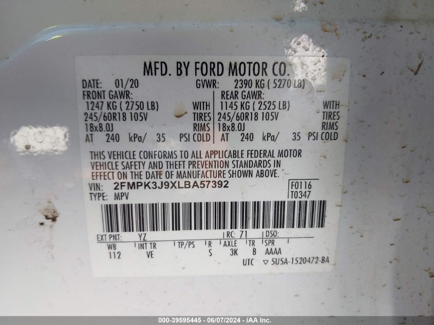 2020 Ford Edge Sel VIN: 2FMPK3J9XLBA57392 Lot: 39595445