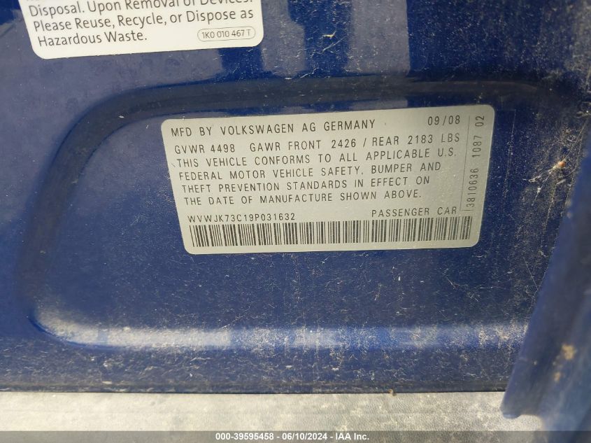 2009 Volkswagen Passat Komfort VIN: WVWJK73C19P031632 Lot: 39595458