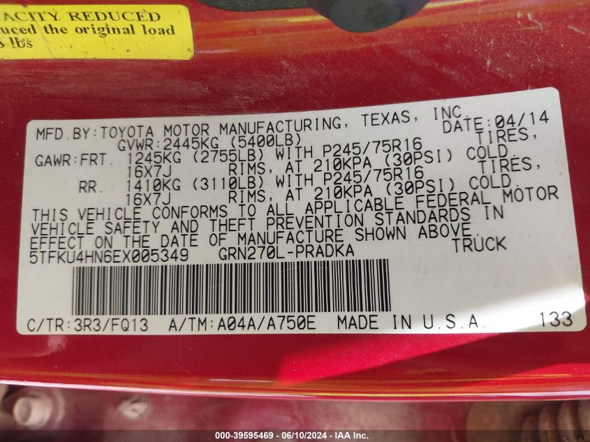 2014 Toyota Tacoma Prerunner V6 VIN: 5TFKU4HN6EX005349 Lot: 39595469