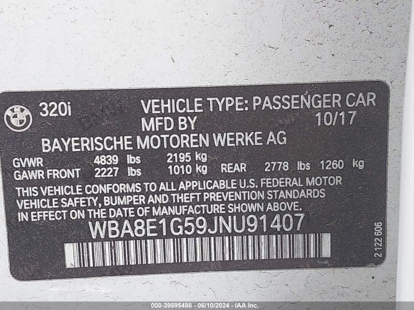 2018 BMW 320I VIN: WBA8E1G59JNU91407 Lot: 39595488