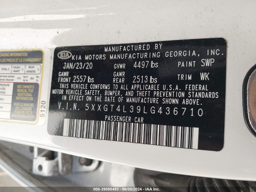 2020 Kia Optima Lx VIN: 5XXGT4L39LG436710 Lot: 39595493