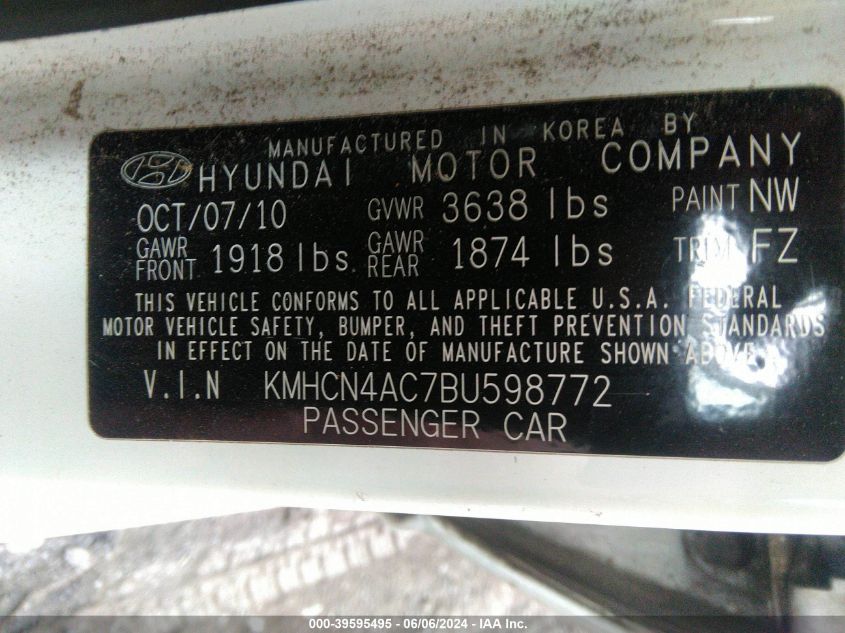 2011 Hyundai Accent Gls VIN: KMHCN4AC7BU598772 Lot: 39595495