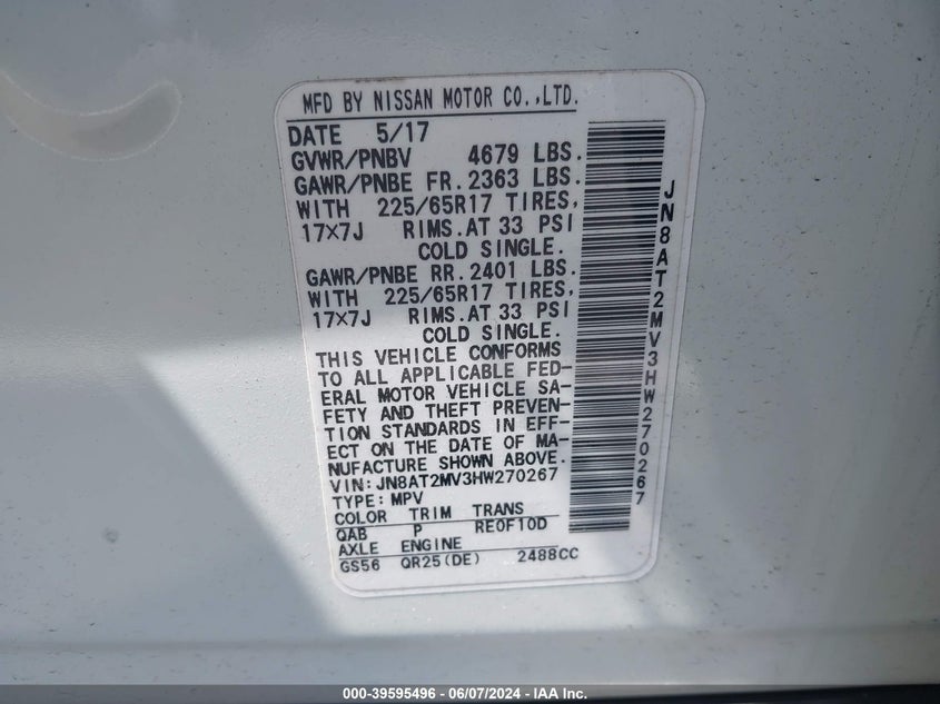 2017 Nissan Rogue Sv VIN: JN8AT2MV3HW270267 Lot: 39595496