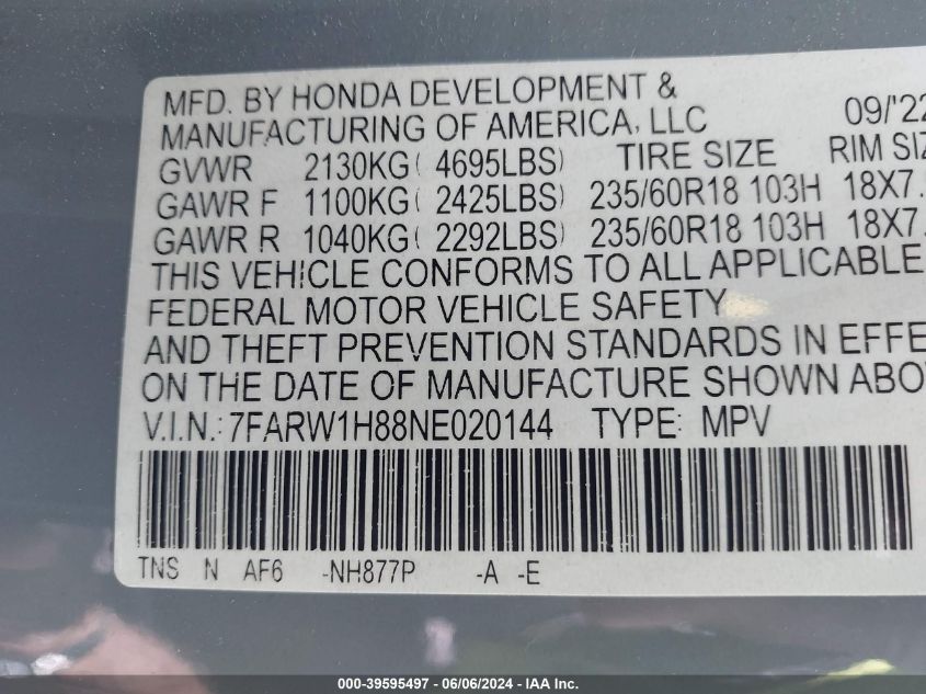 2022 Honda Cr-V 2Wd Ex-L VIN: 7FARW1H88NE020144 Lot: 39595497